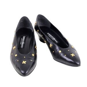 VTG Town Shoes BLACK REAL LEATHER POINTED MID HEEL STUDS CLASSIC PUMP SHOES 6.5M